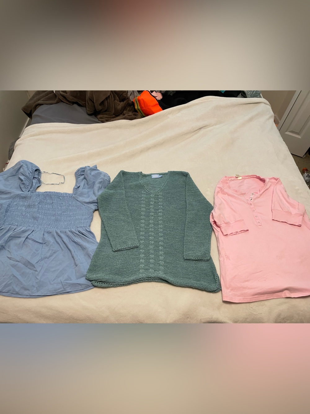 Three Women's Tops - Blue Puff Sleeve, Green Knit Sweater, Pink Henley